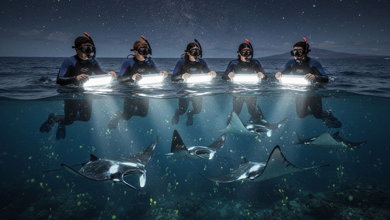 Snorkelers in wetsuits float at the ocean surface off Kona, Big Island, Hawaii at night, holding a brightly lit light board as multiple manta rays somersault and glide below through illuminated plankton.