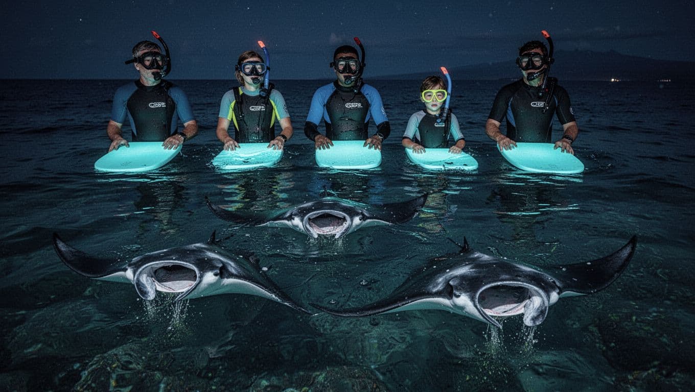Five snorkelers hold glowing board as manta rays glide below with open mouths in dark ocean.