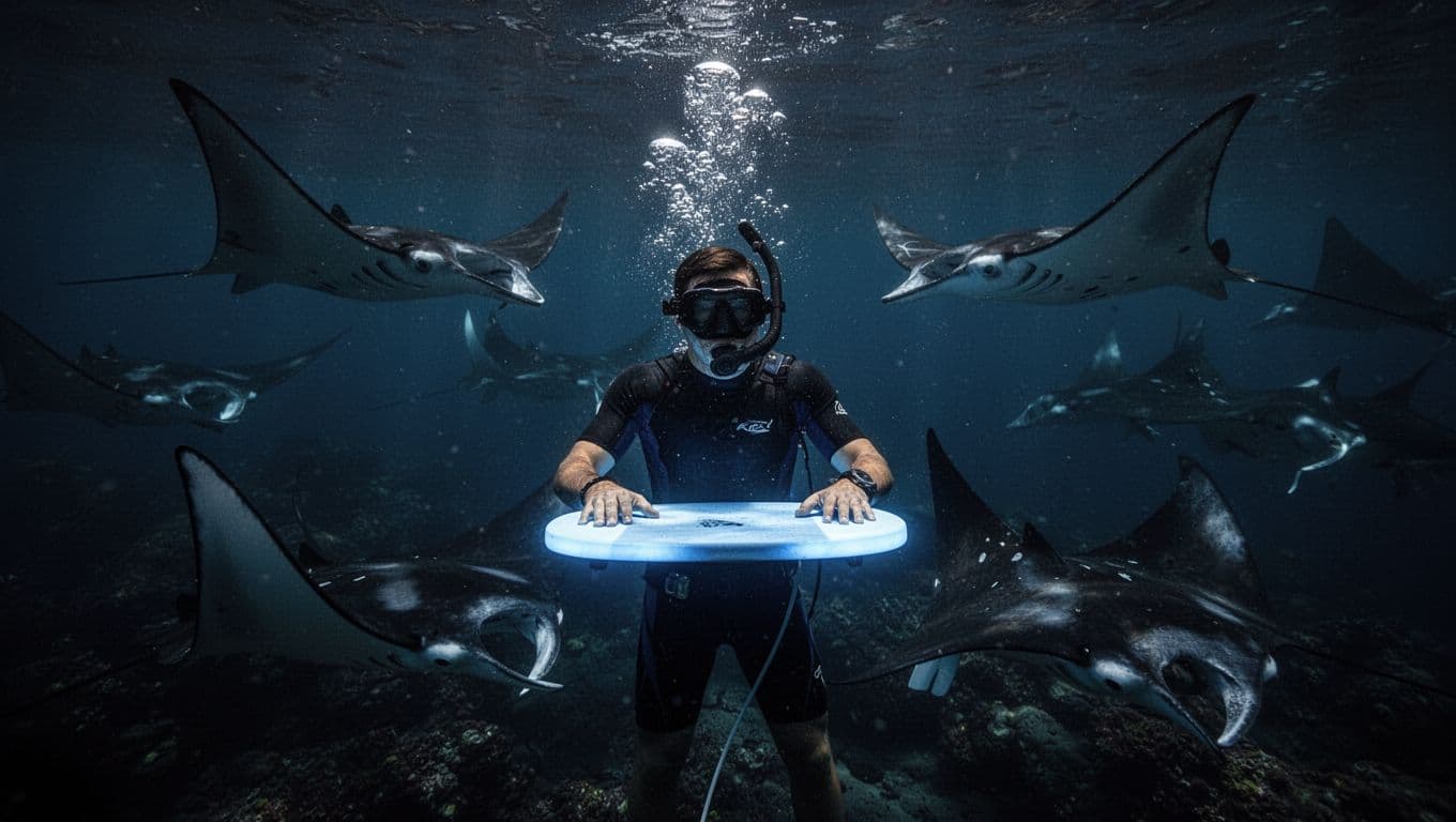 A single snorkeler holds a glowing blue board in dark ocean waters off Kona at night, attracting graceful manta rays gliding below and around amid rising bubbles and dramatic cinematic lighting.