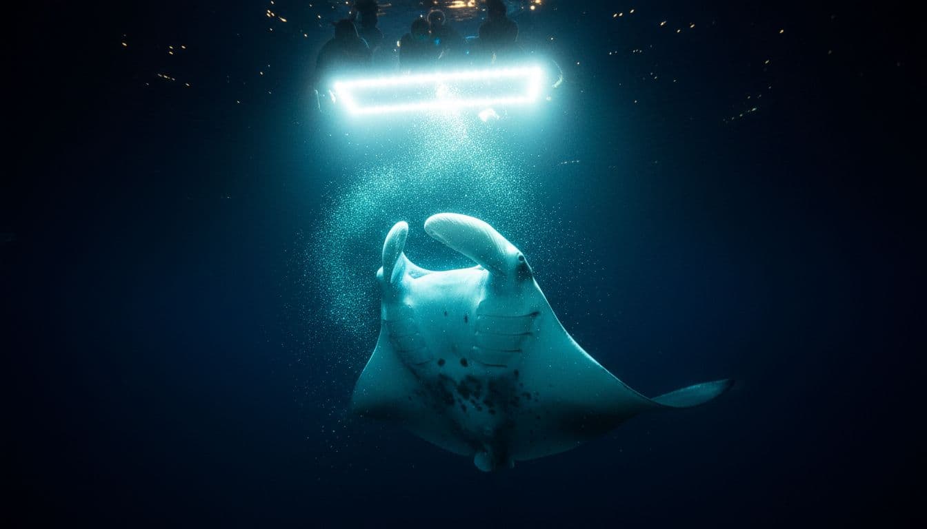 Manta ray somersaults close under surface near bright light board attracting glowing plankton in dark ocean.