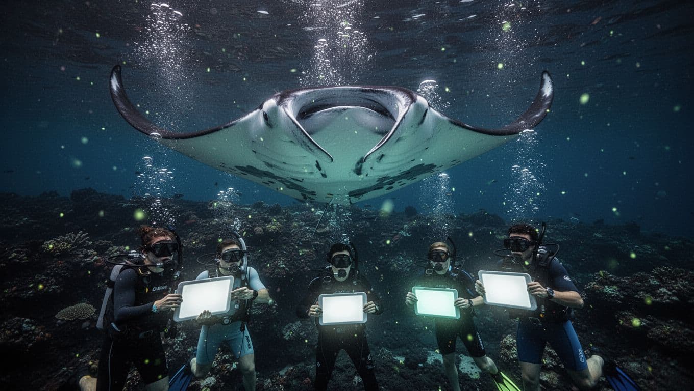A large gentle manta ray glides overhead in a somersault, illuminated by soft lights on plankton and its belly, during a close nighttime swim with three snorkelers holding lighted boards in clear Kona ocean waters and volcanic reef background.