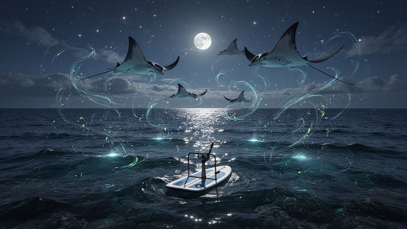 Calm night ocean off Kona with underwater lights drawing manta rays from depths, snorkel board in foreground, starry sky above.