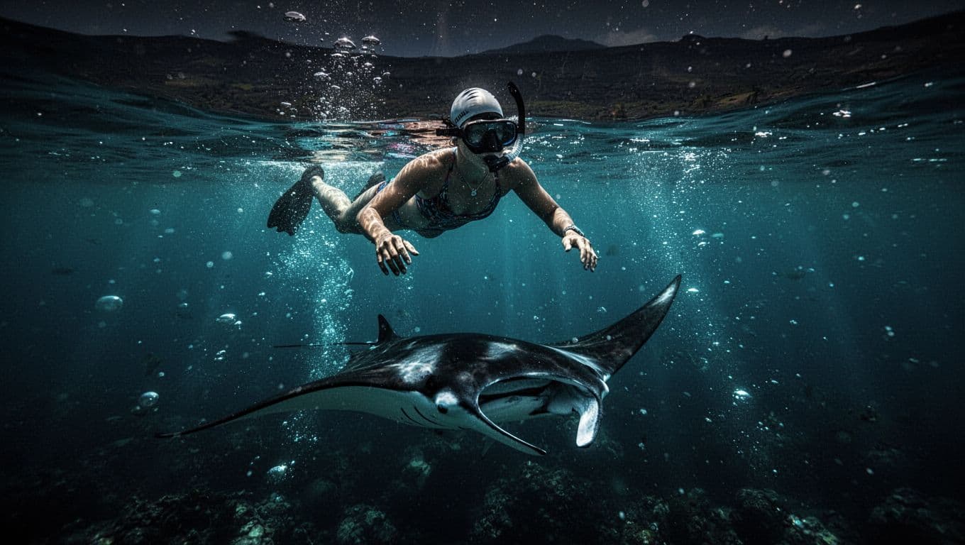 One snorkeler floats above a manta ray in clear, lighted water at night.