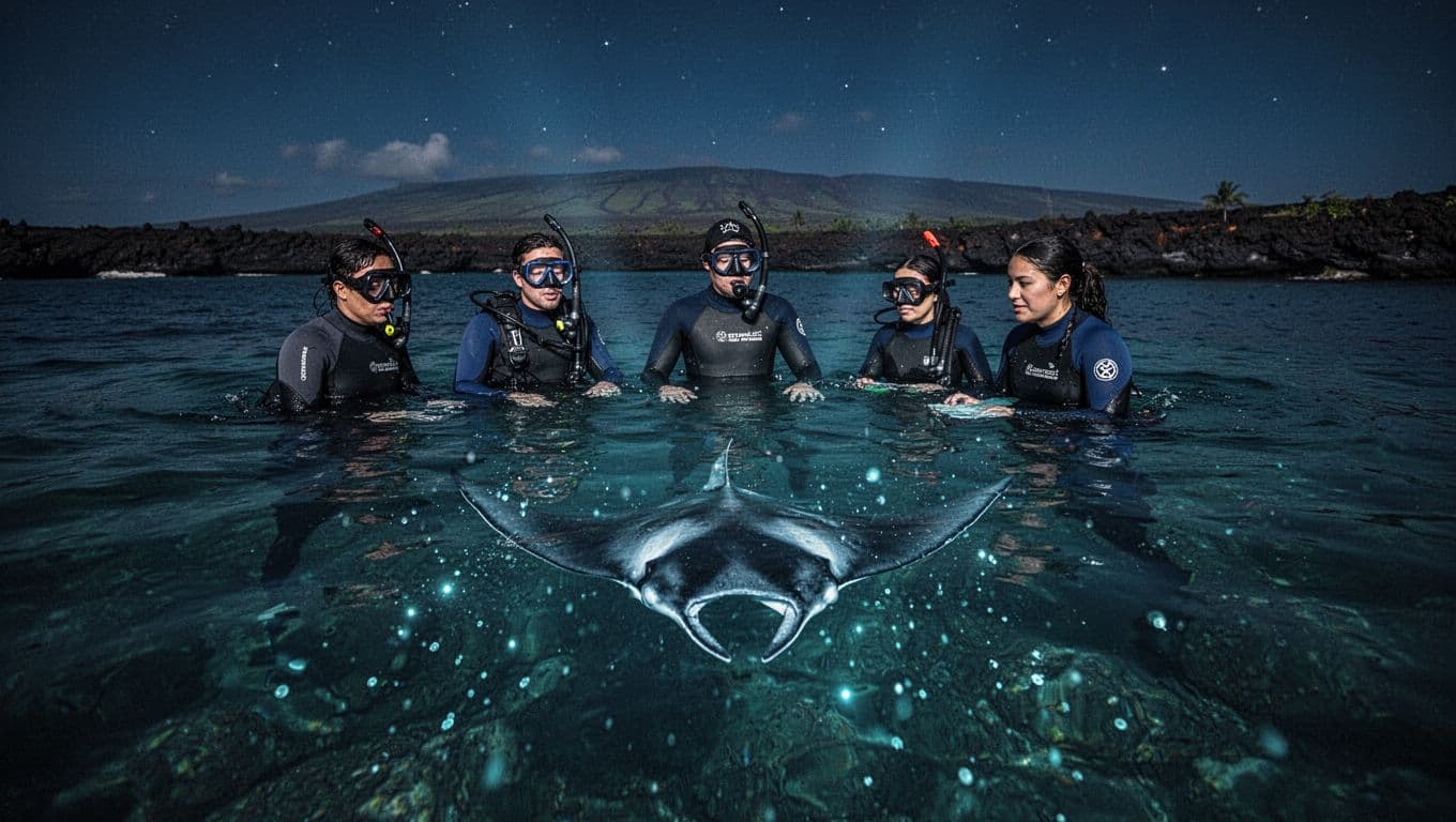 Three snorkelers and a guide watch a manta ray beneath glowing underwater lights.