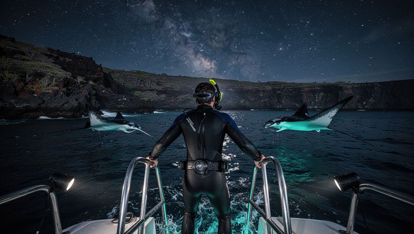 A solo snorkeler climbs the boat ladder from dark ocean water at night during a manta ray snorkel in Kona, Hawaii, with volcanic coastline and starry sky in the background.