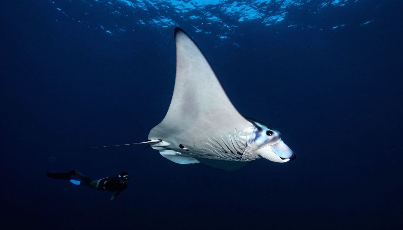 A manta ray swims above a lone snorkeler in dark, softly lit water.