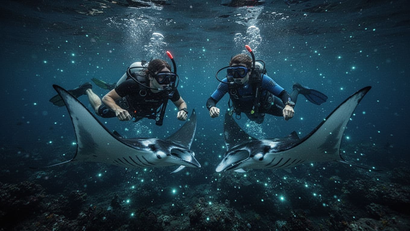 Snorkelers watch manta rays beneath glowing blue lights at night.