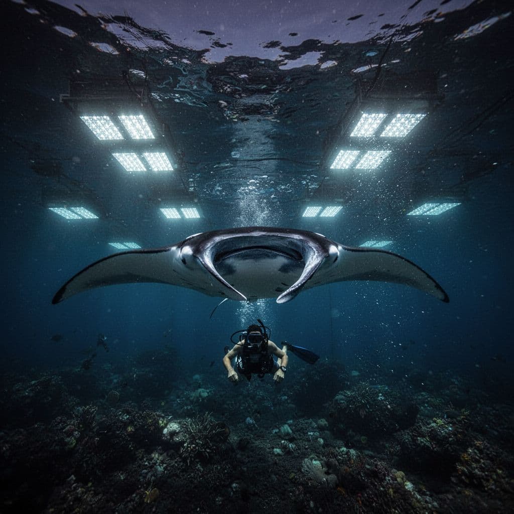 A giant manta ray glides through the dark Kona ocean waters beneath a lone snorkeler. Soft blue lights from submerged boards illuminate the creature's underside and highlight sparkling cyan water particles.