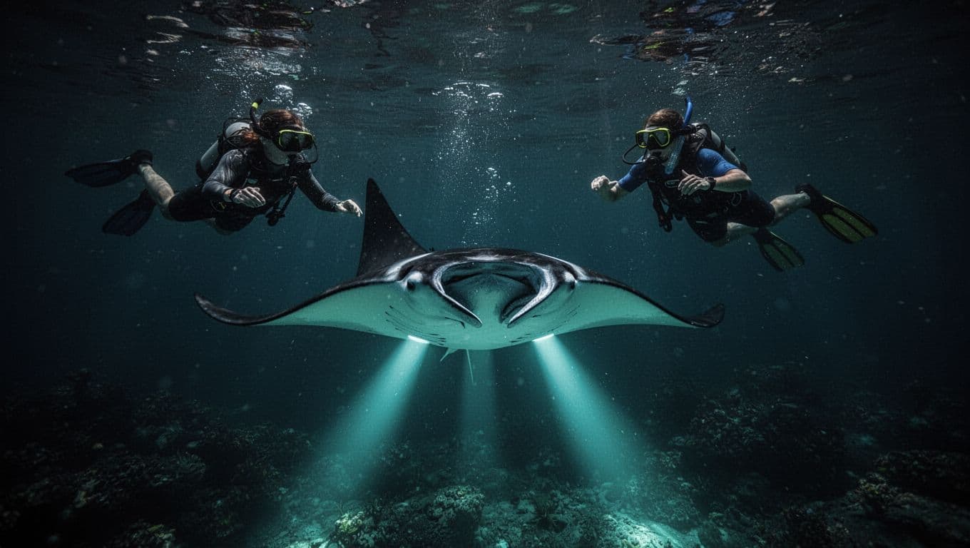 Two snorkelers watch one manta ray beneath turquoise underwater lights at night.