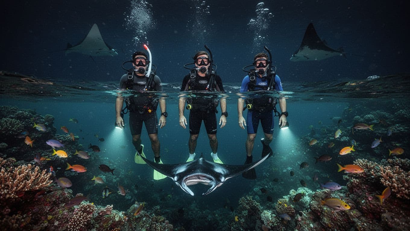 Three snorkelers watch a manta ray above a cyan-lit volcanic reef.