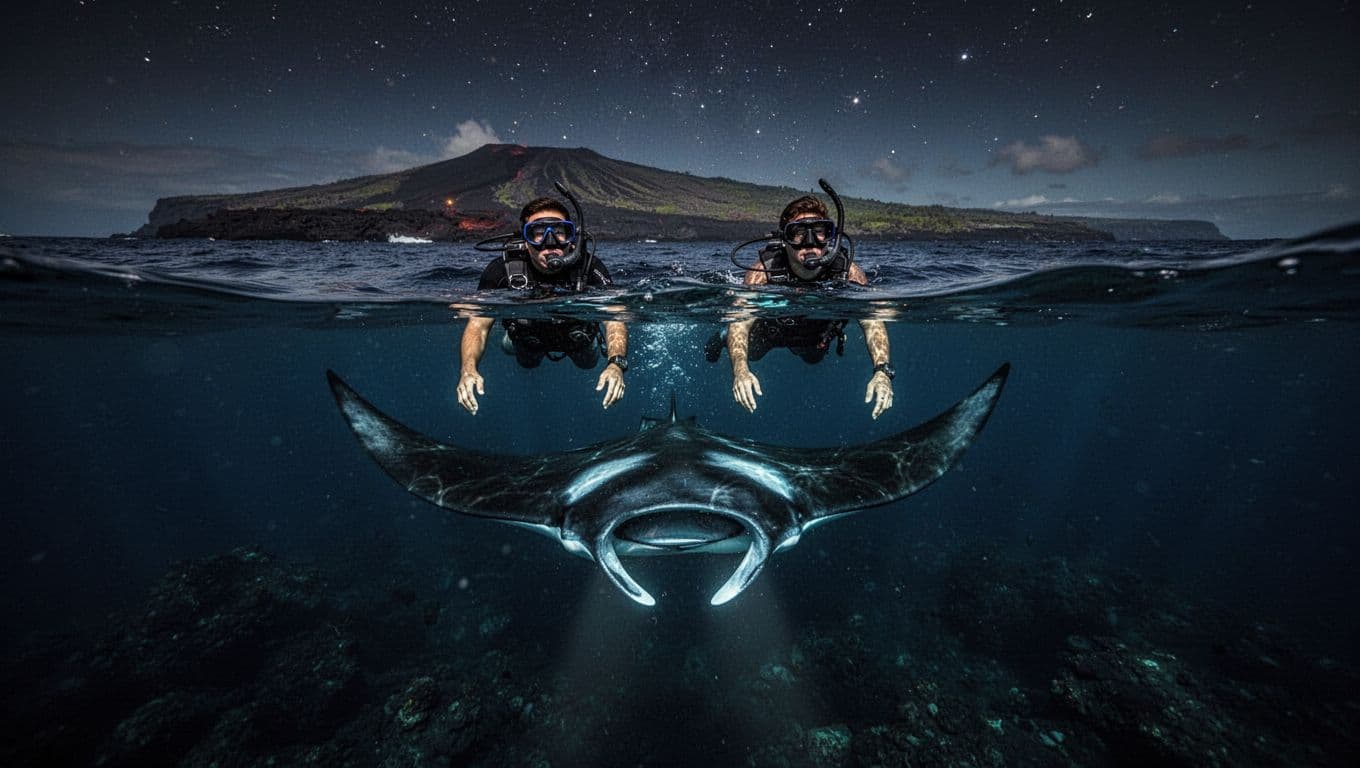 Two snorkelers watch a manta ray glide beneath a glowing light in the dark Kona ocean.