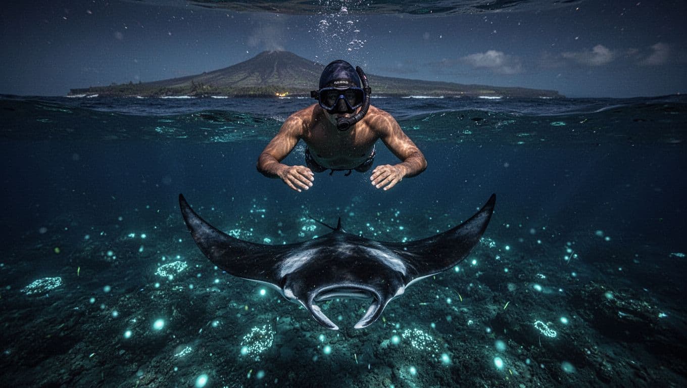A snorkeler floats above a manta ray in glowing night water.