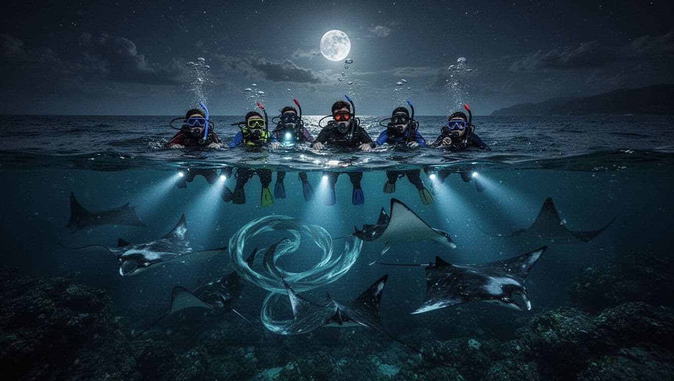 Snorkelers watch manta rays beneath blue underwater lights at night.