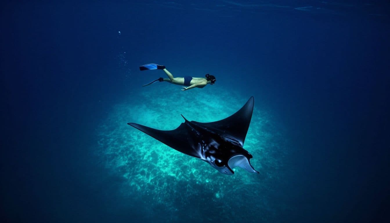 A manta ray glides below a calm snorkeler in illuminated nighttime water.