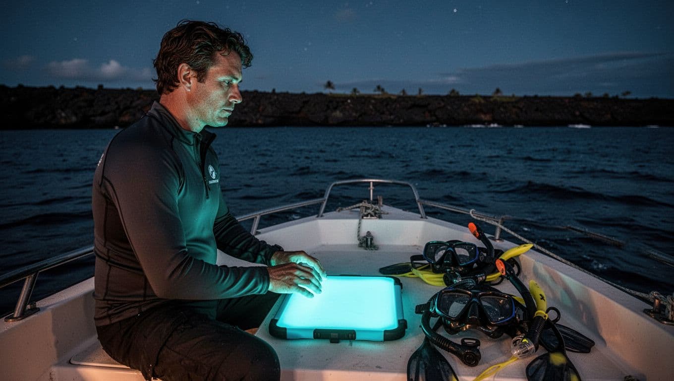 An ocean guide stands beside a glowing board and snorkeling gear on a boat at night.