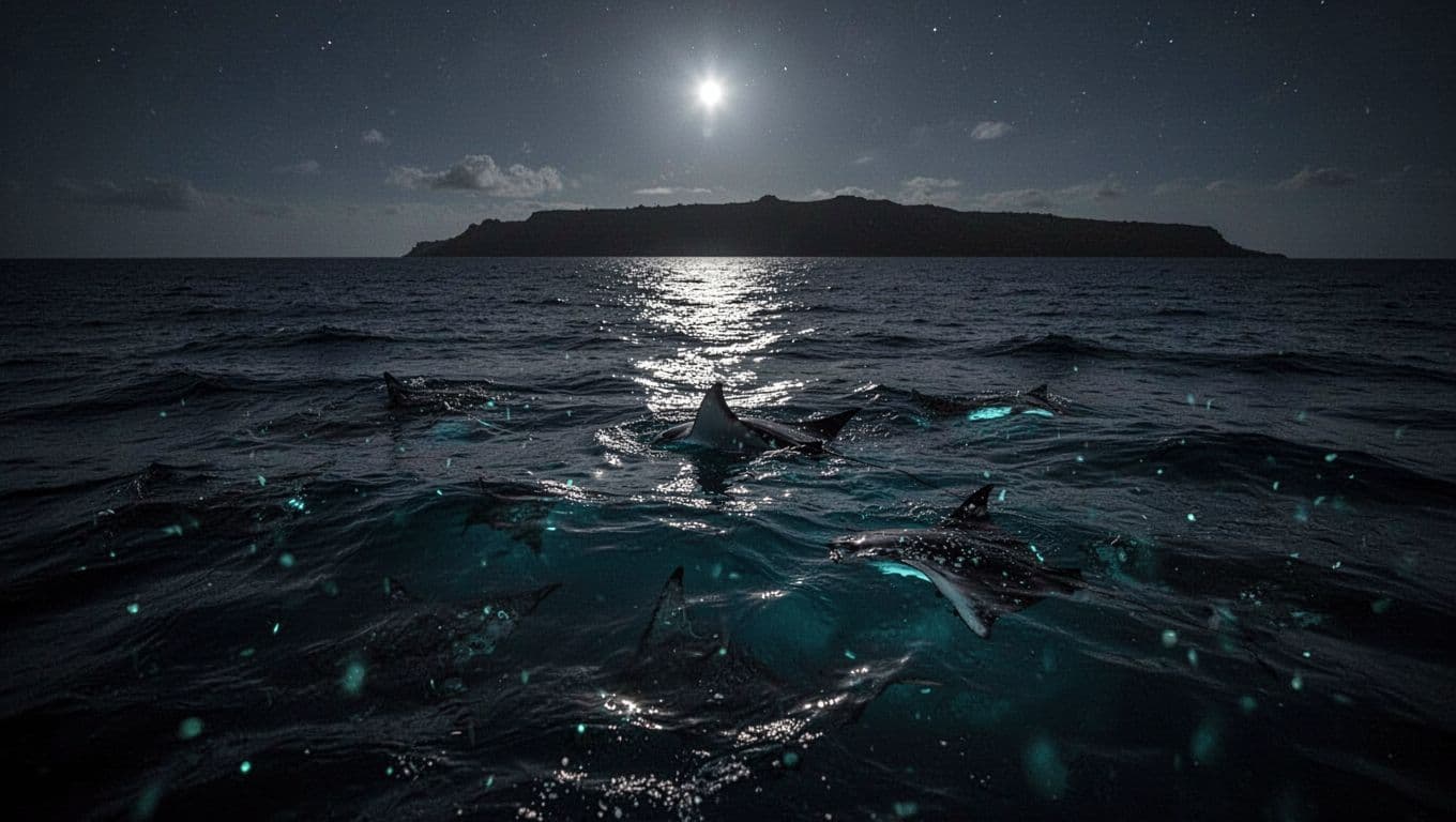 Calm ocean surface at night shows faint volcanic coastline silhouette and subtle underwater glow from manta rays.