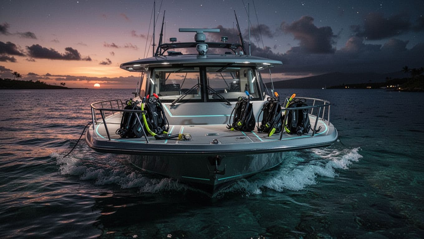 Modern snorkel boat anchored at night in calm Kona bay, soft sunset fading to dusk with high-end snorkel gear neatly arranged on deck in cinematic style.