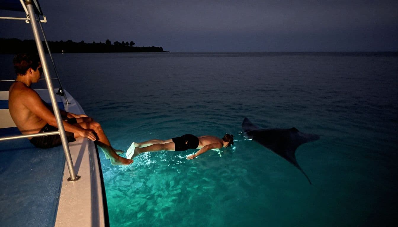 Two snorkelers enter calm nighttime water from a small boat.