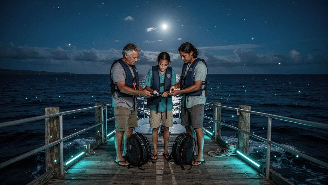 Three family members prepare for a night snorkel on a boat in Kona.