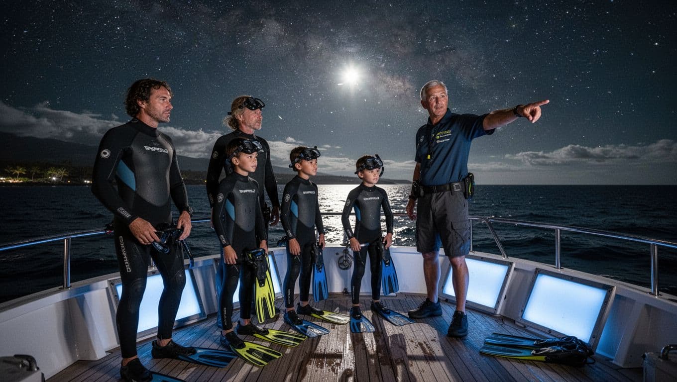 Excited family of five—two adults and three kids—with lifeguard guide preparing on boat deck at night under starry Kona skies, wetsuits masks fins and lighted boards ready.