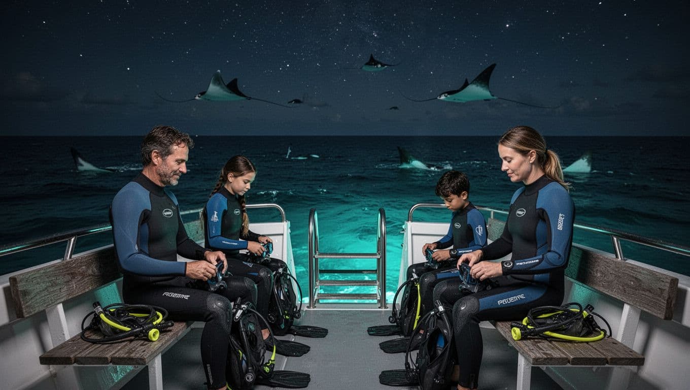 A family of four relaxes on the stern deck of a Kona night snorkel boat, preparing snorkel gear near the entry ladder with distant manta rays in blue-lit waters under a starry sky.