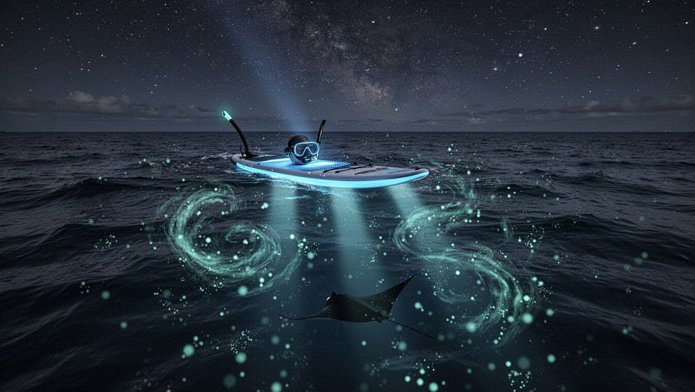 Lighted snorkel board on the dark Pacific Ocean surface at night off Kona, with beams shining down into the water attracting dense plankton clouds and a distant manta ray silhouette below, under a starry sky in cinematic style with dramatic lighting.
