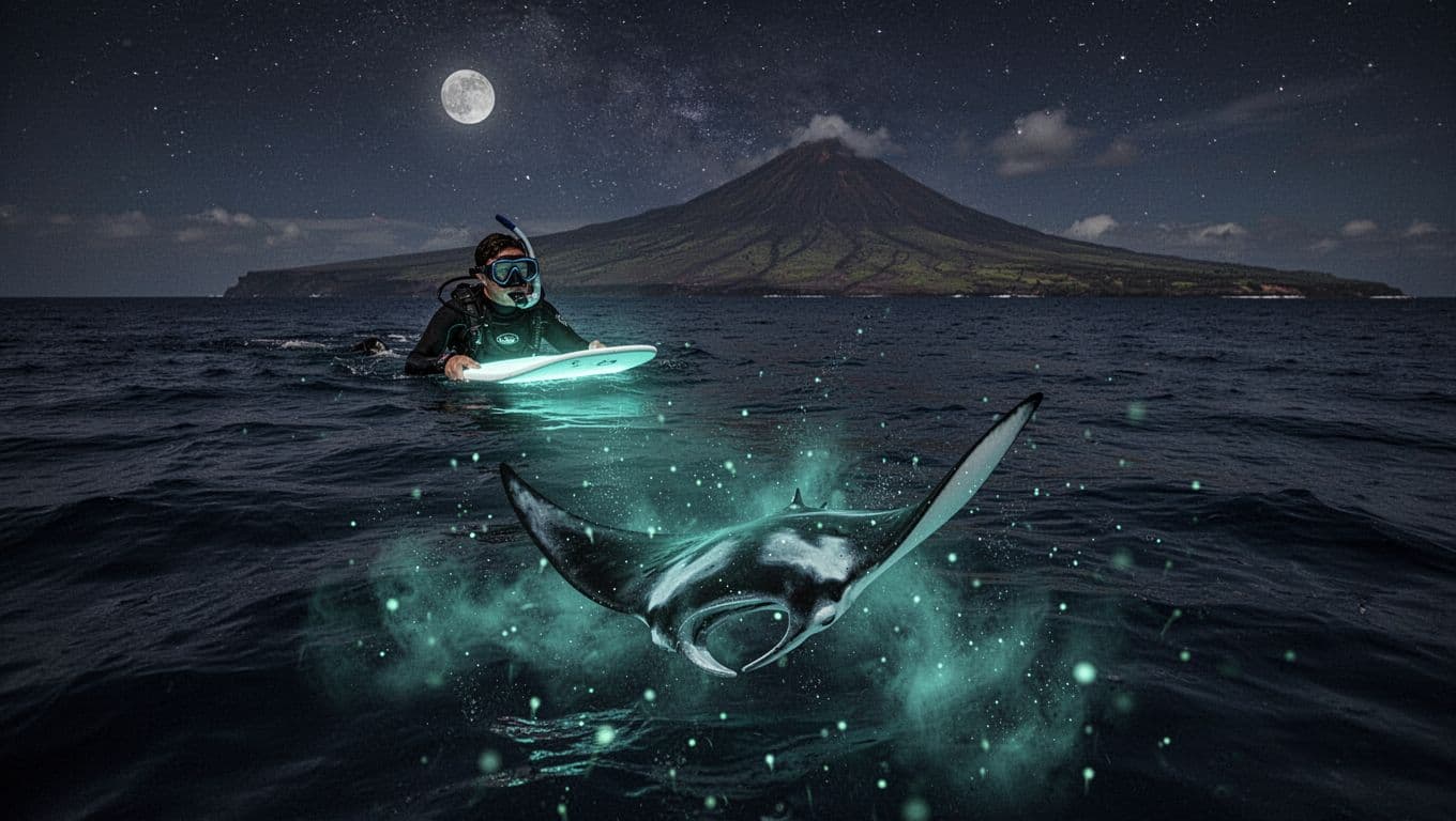 Snorkeler floats at surface holding lighted board during night snorkel off Kona Hawaii, with massive manta ray gliding and somersaulting below through blue plankton glow from board beams, stars above dark ocean and distant volcanic coast.