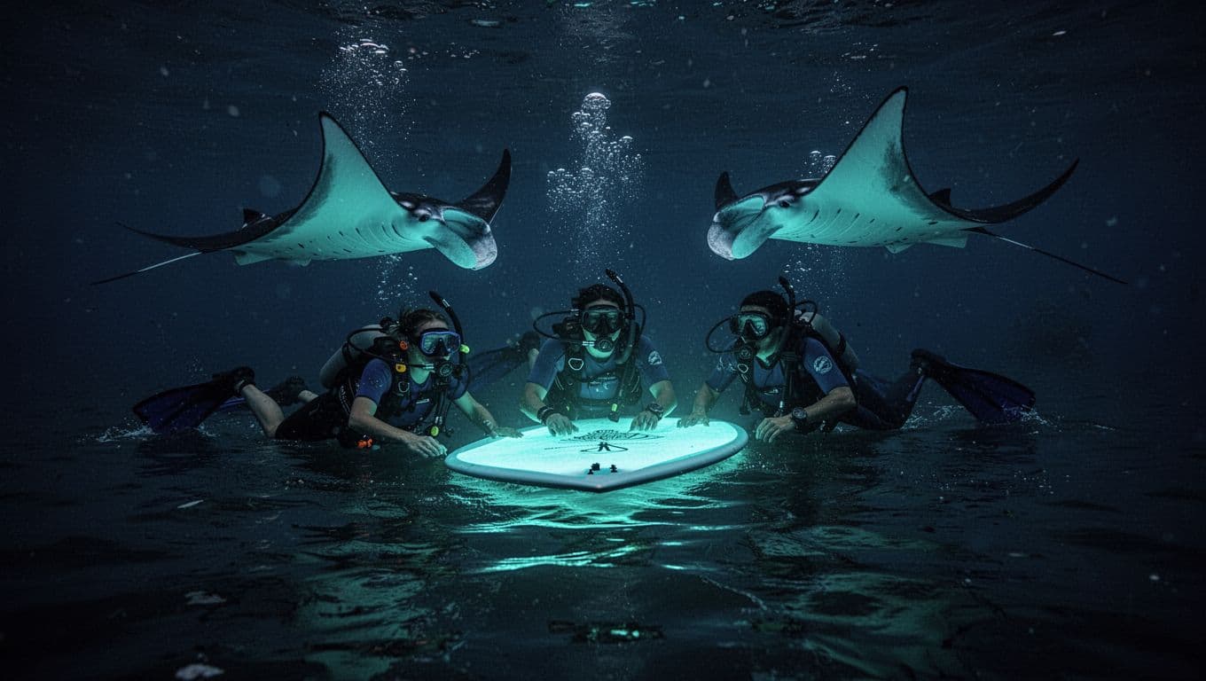 Three snorkelers surround a lighted board as four manta rays glide close with open mouths in dark night waters.