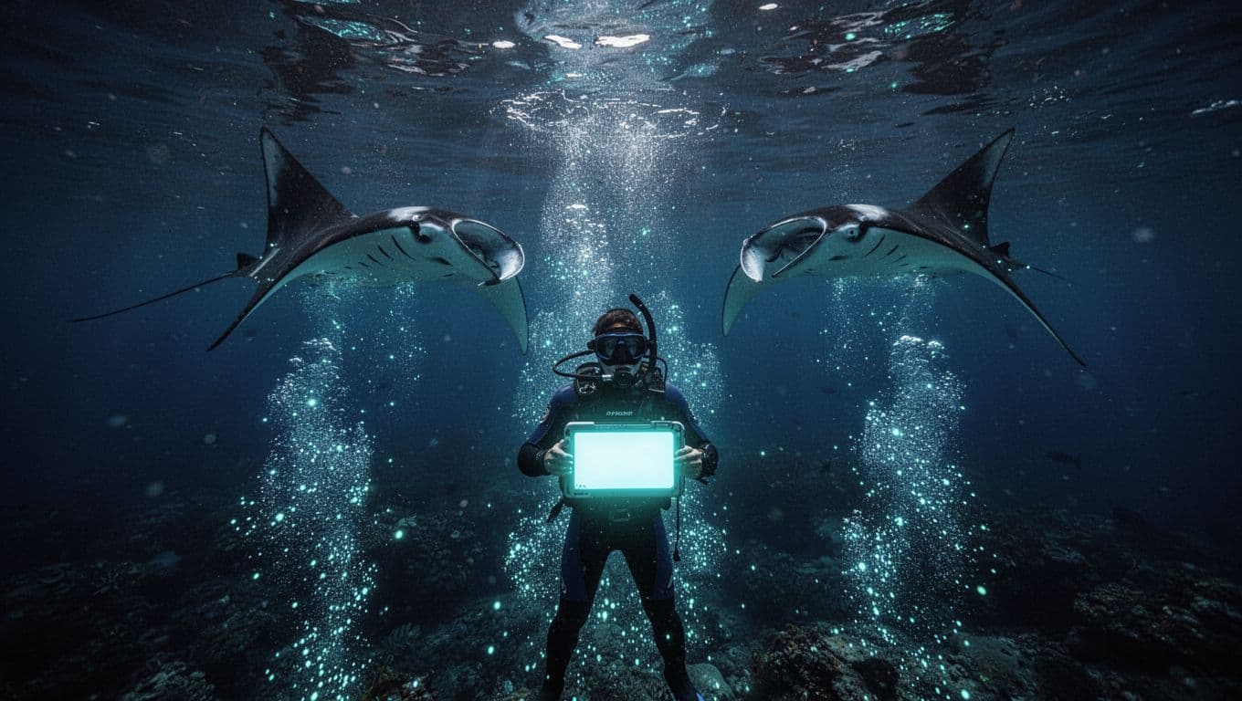 Snorkeler holds surface light board viewing two manta rays somersaulting in plankton-filled light column below.