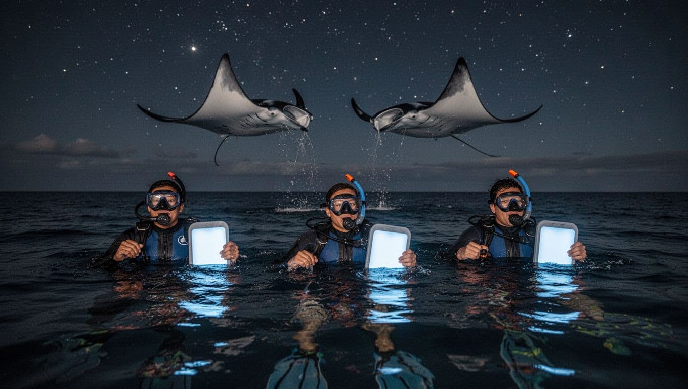 Three snorkelers float calmly holding light boards in dark Kona waters at night, two manta rays somersault approaching from below under starry sky.