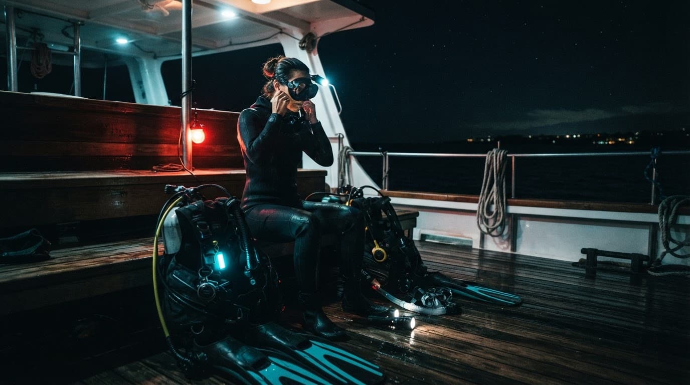 A person preparing snorkel equipment on a boat deck at night.
