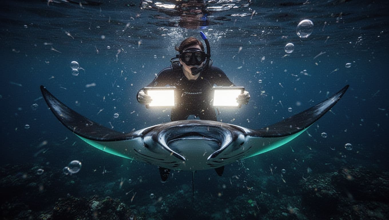 Snorkeler holding glowing light board with large manta ray gliding inches below face in clear Kona night waters amid plankton.