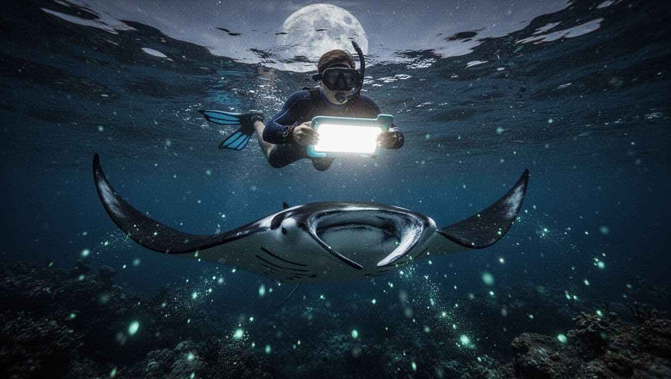 From below, snorkeler floats at ocean surface holding glowing light board; large manta ray glides underneath amid glowing plankton.