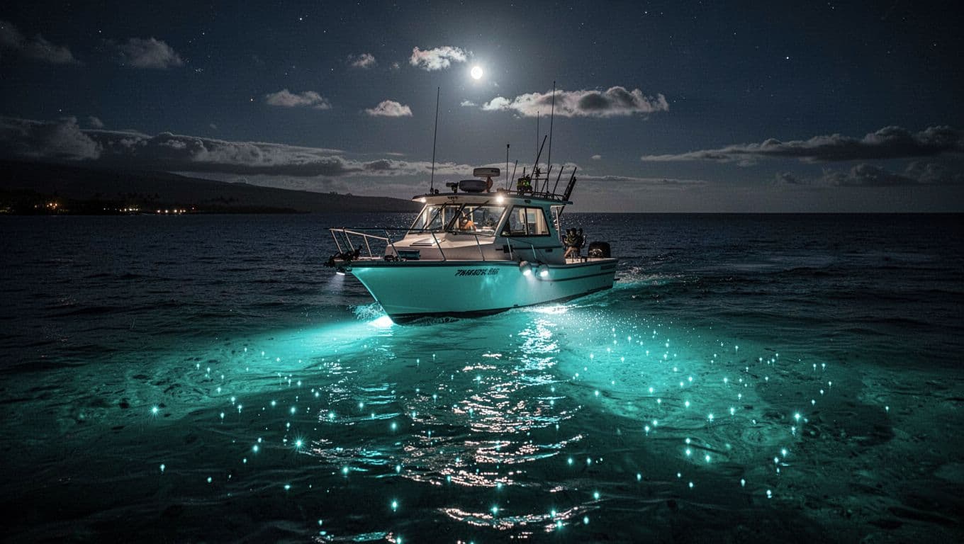 A boat on the dark ocean with bright lights glowing beneath the turquoise water.