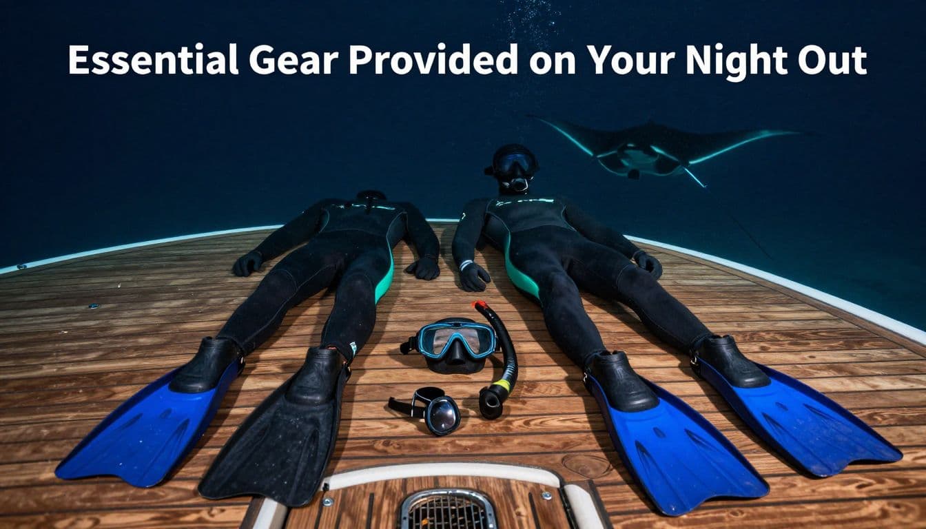 Snorkeling gear arranged on a wooden boat deck under blue nighttime lighting.