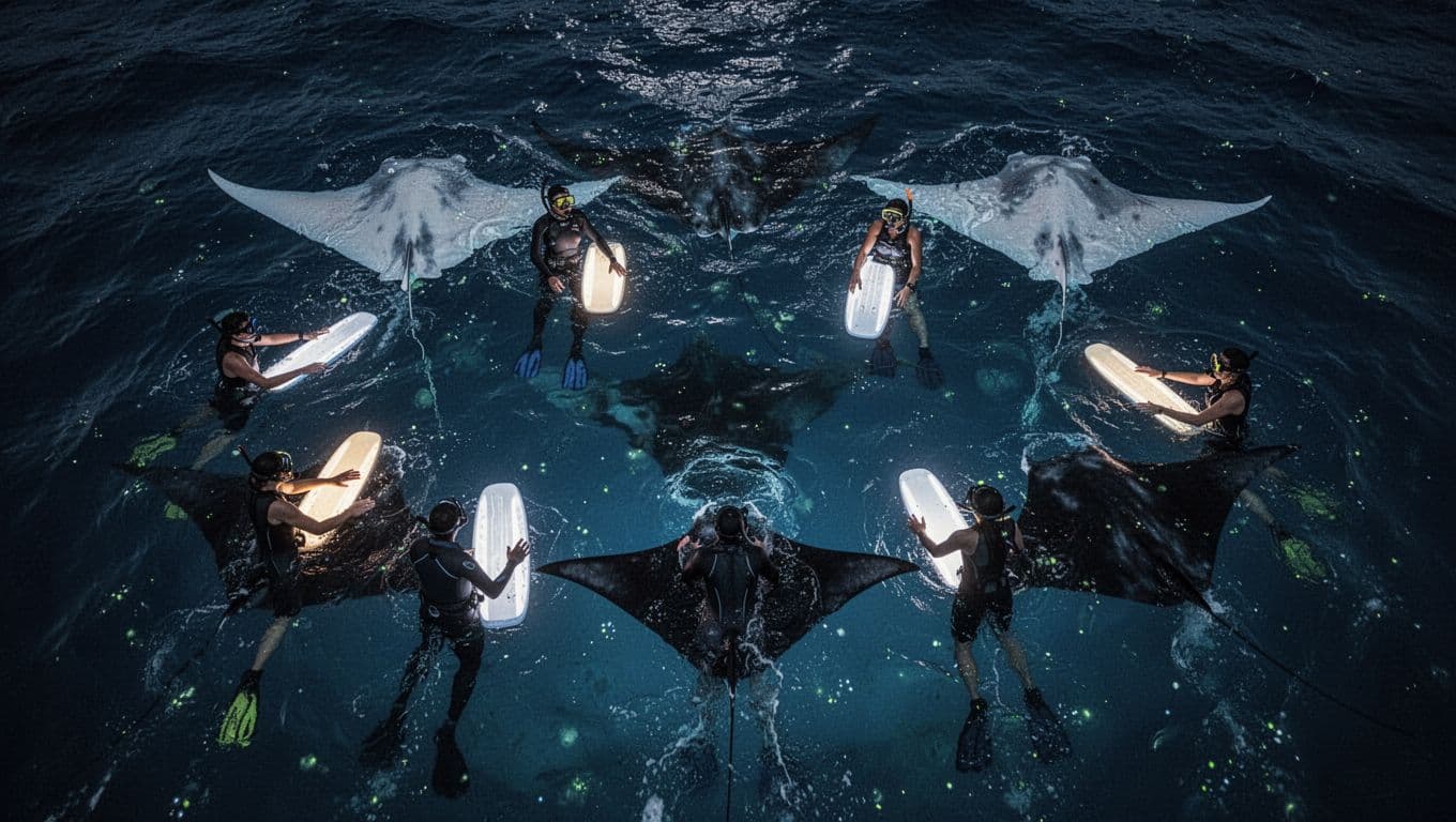 Overhead surface view of six snorkelers floating calmly at night off Kona coast holding illuminated boards, with giant manta rays gliding and somersaulting underneath feeding on glowing plankton, cinematic dramatic lighting.
