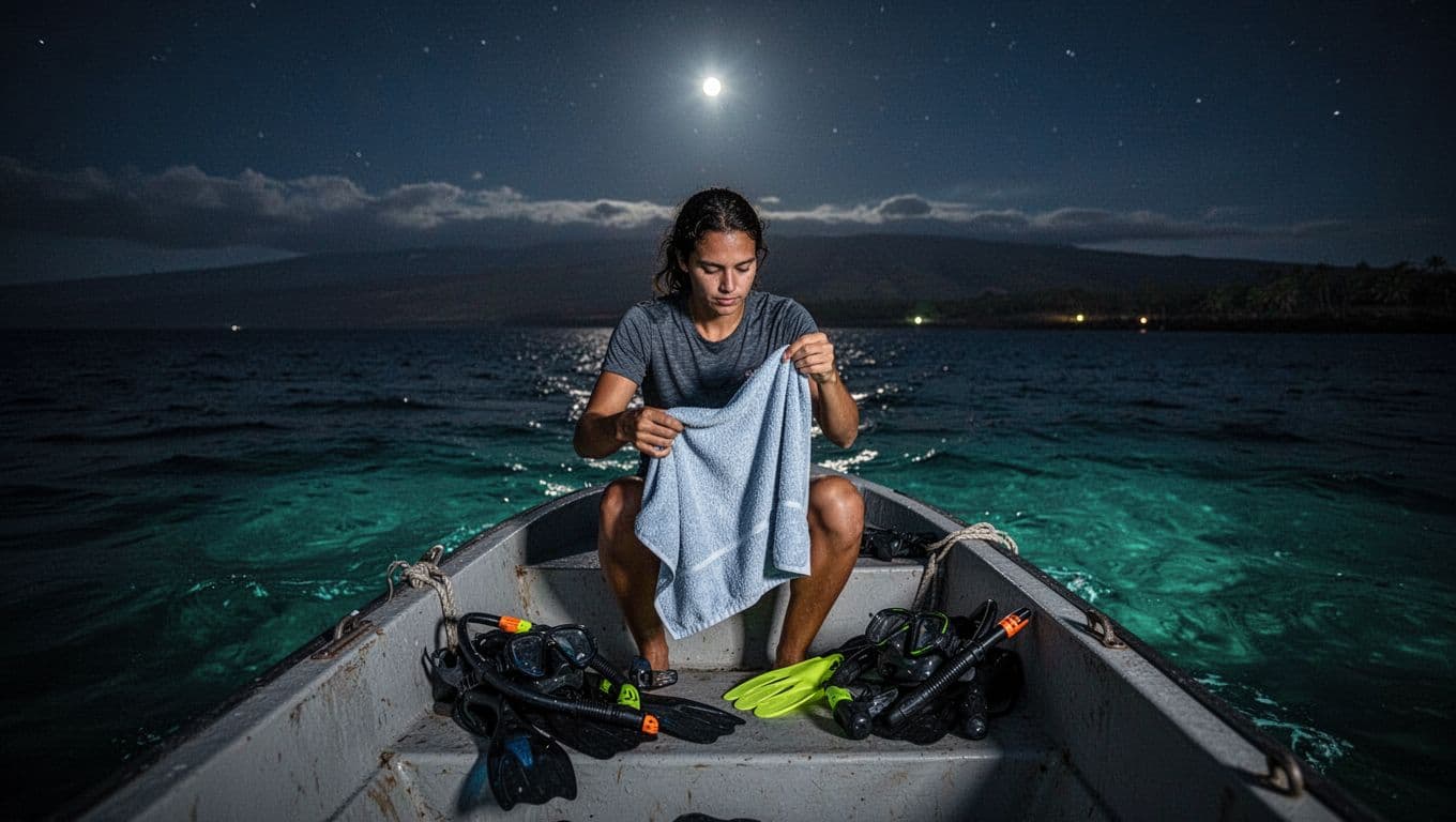 A person stands on a boat deck at night clutching a dry towel while preparing for a guided Kona snorkeling excursion. Subtle cyan lights illuminate the gear against deep ocean shadows.