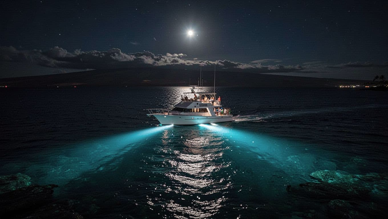 A tour boat shines bright blue lights into the calm ocean at night.