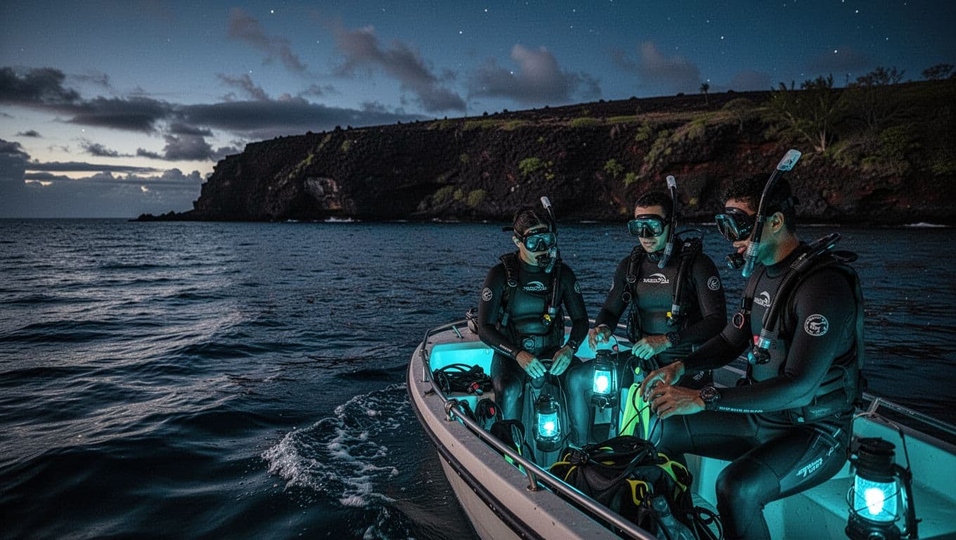 Three snorkelers prepare beside a small boat under blue-hour skies.