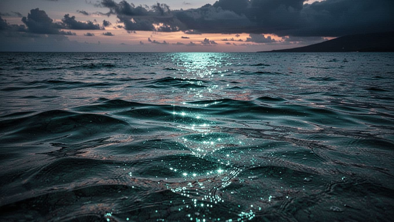 Calm ocean ripples glowing cyan off the Kona coast at dusk.
