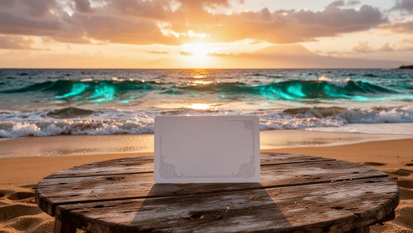 A gift certificate card on a wooden table beside the ocean at sunset.