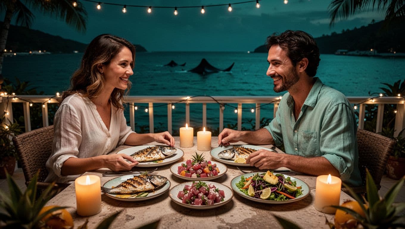 Couple eats grilled fish, poke, and salad on night terrace with candlelight, string lights, and distant ocean manta rays.