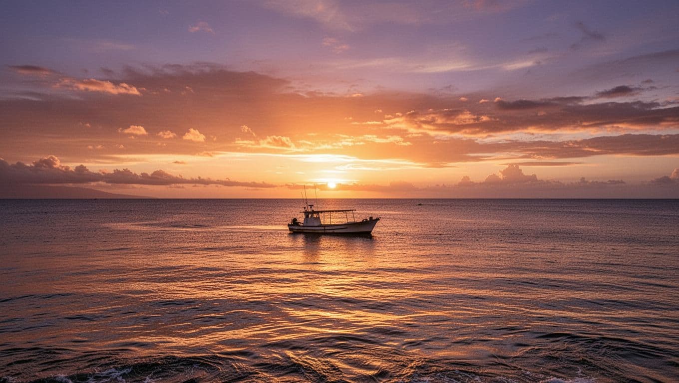 The sun dips below the horizon in Kona, casting a brilliant amber glow across the rippling Pacific water. A solitary dark boat silhouette rests quietly against the vibrant, shimmering evening sky.