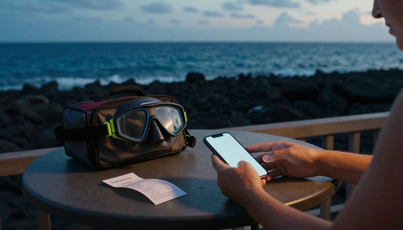 Traveler beside a phone, bag, and receipt on an oceanfront patio.