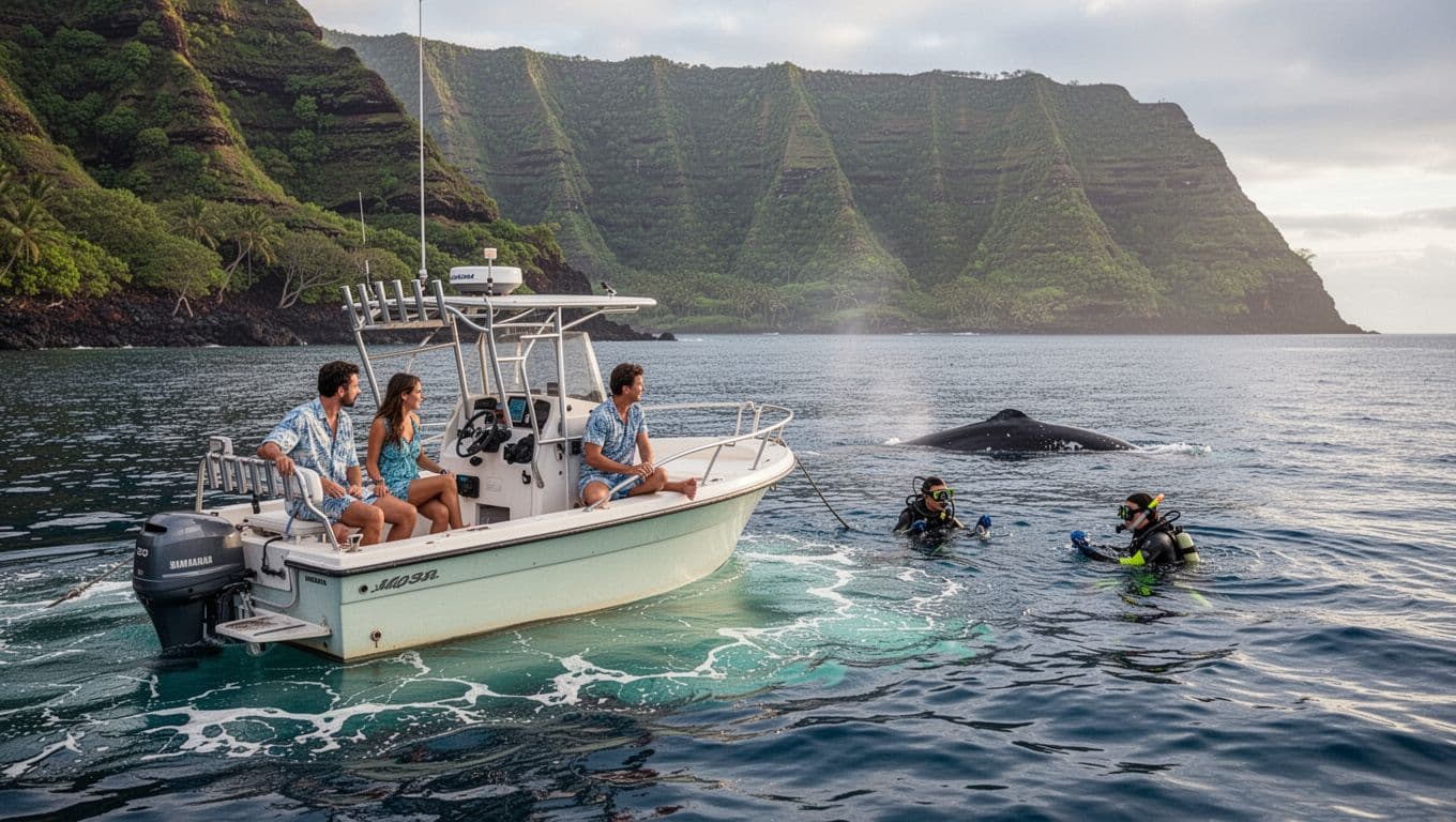 Four people on anchored boat in calm Kona bay, two snorkeling nearby spotting whales against green cliffs.