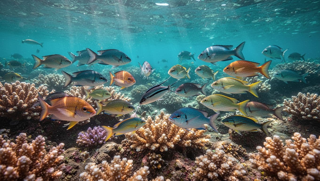 Reef fish visit cleaner wrasse at a colorful coral station in clear turquoise water.