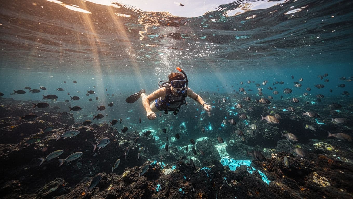 A snorkeler watches fish above a volcanic reef as sunlight fades into blue water.