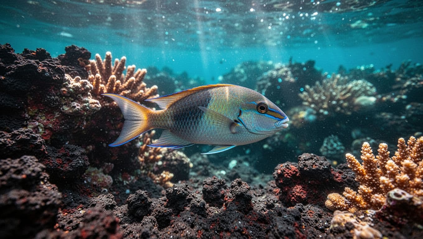 Hawaiian reef fish swim around volcanic coral in clear blue water.