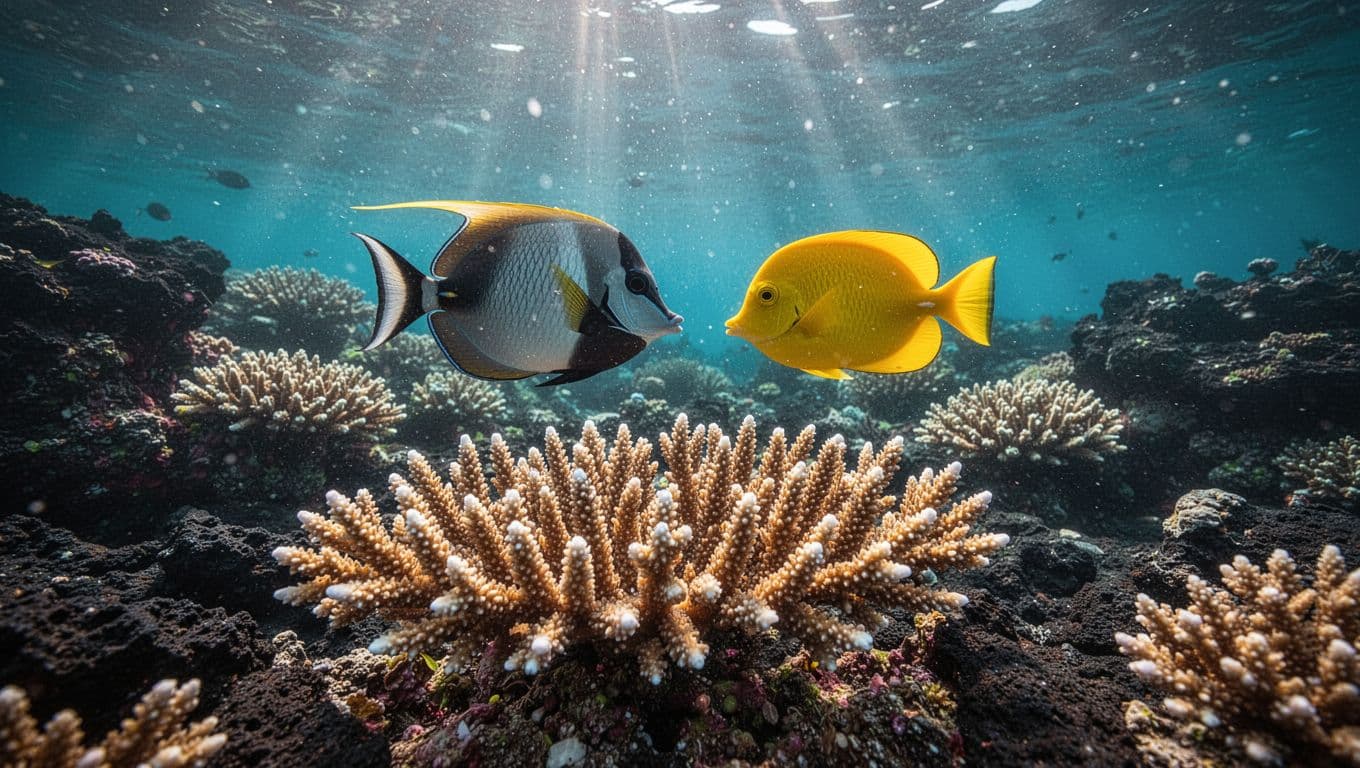 A surgeonfish and yellow tang swim above branching coral in clear water.