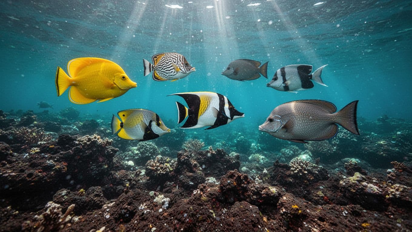 Five colorful reef fish swim above a lava-rock reef in clear Hawaiian water.